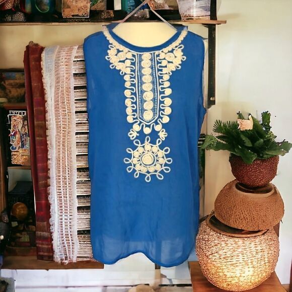 Banana Republic Top Sz 8 Gauzy Sheer Cotton Embroidery Sleeveless Zipper Blue. - Picture 15 of 16